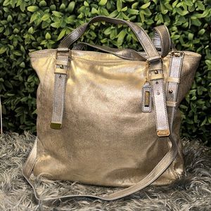 🔥COLE HAAN Kendra Palladium & Gold Metallic High Line Tote Bag EUC